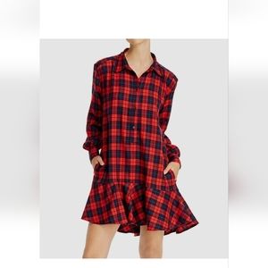 Aqua Plaid Long-Sleeve Ruffled Mini Shirt Dress holidays Christmas party